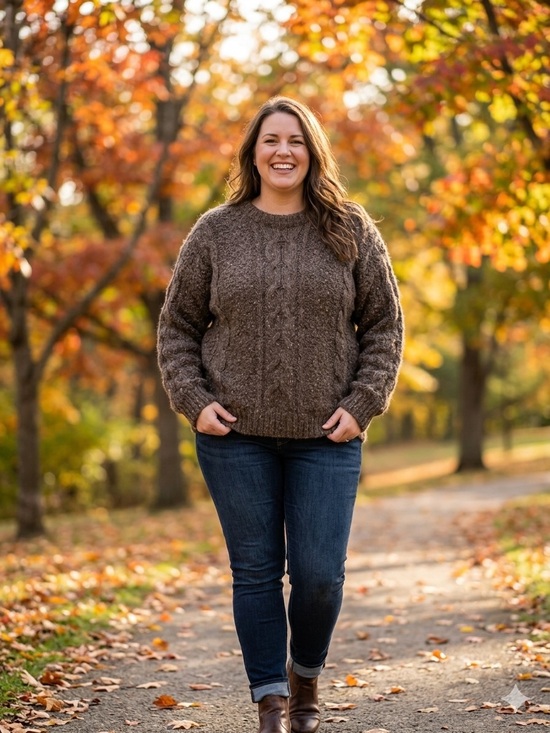 Sweaters - Brown Cable-Knit Crewneck Sweater